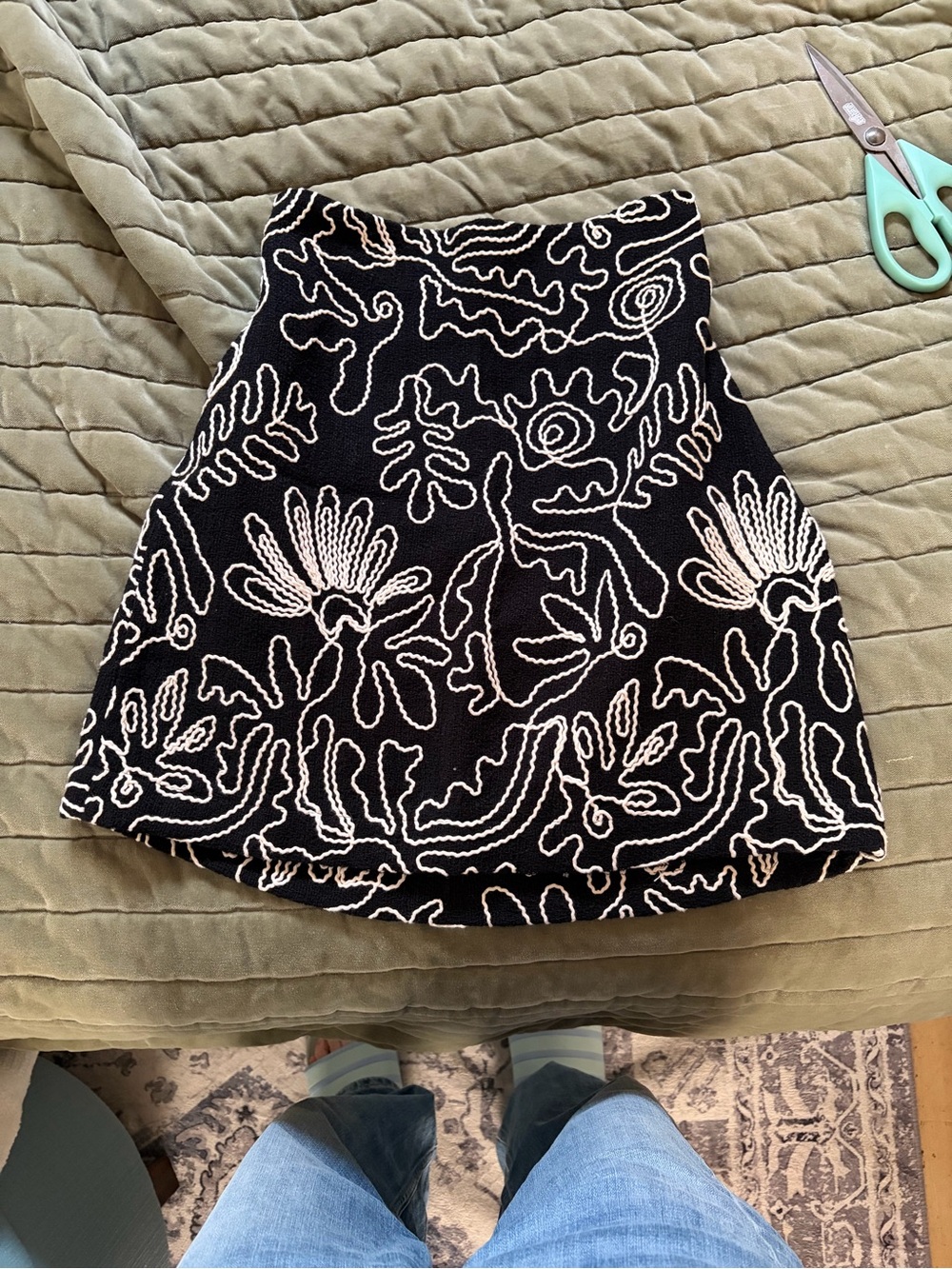 NWT LOFT Black Mini Skirt with Cream Floral Embroidery